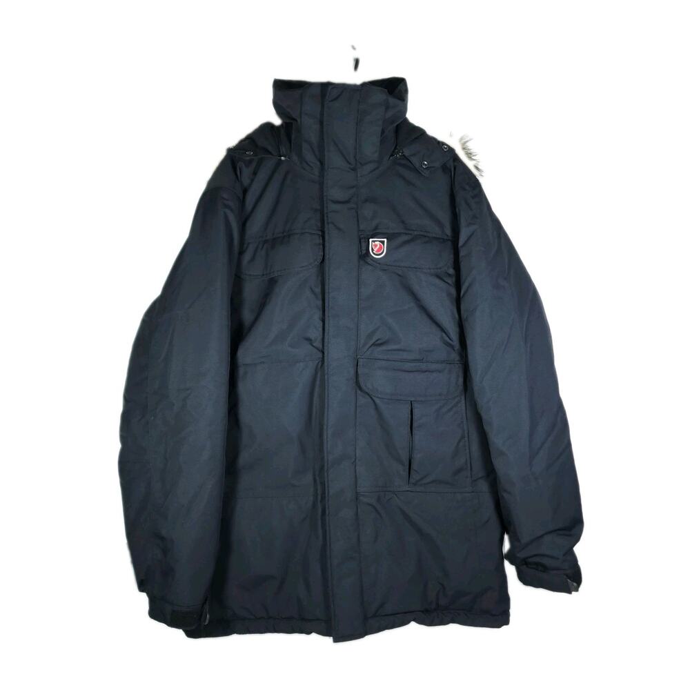 Fjallraven Kodiak Men’s Hydratic Large Black Faux Fur Hooded Parka Jacket Coat